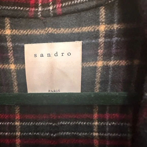 SANDRO Navy and Red Plaid Coat with Studded Shoulders, Size 36 - Picture 8 of 14